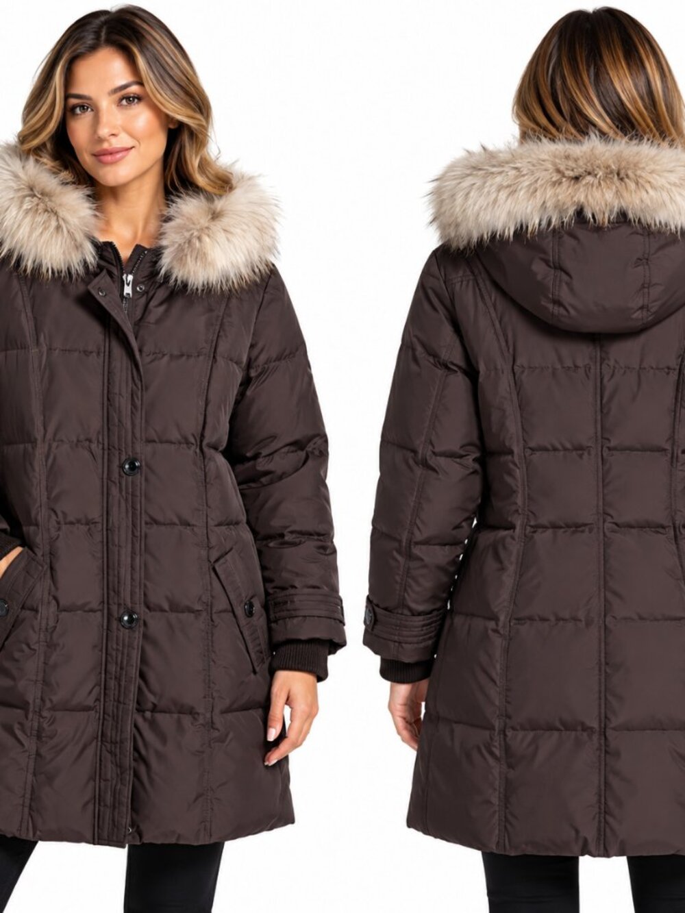 London Fog Women's Brown Down Puffer Winter Coat with Faux Fur Hood